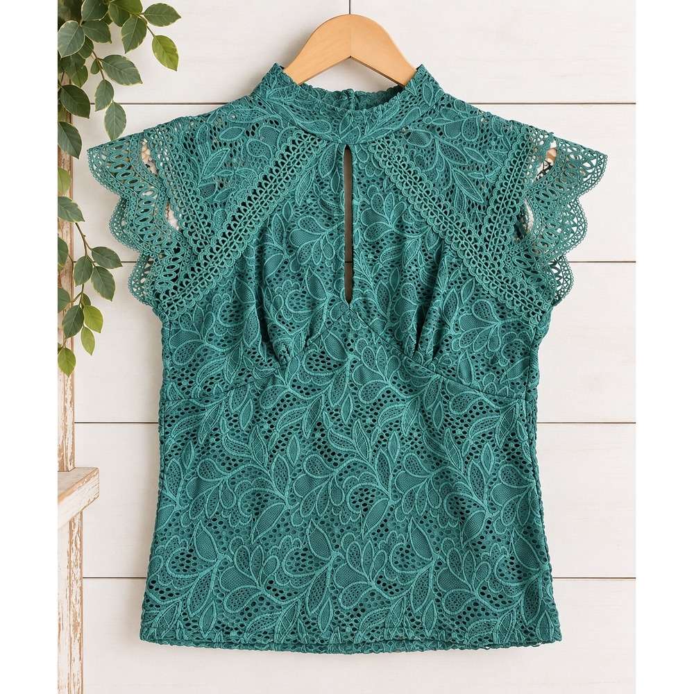Daytrip Lace Top High Neck Keyhole Sleeveless Floral Blouse Teal Green Womens M